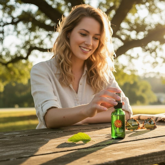 The Rich Oil spray bottle with a woman reaching for it on a picnic table outdoors. Natural skin soothing solution.