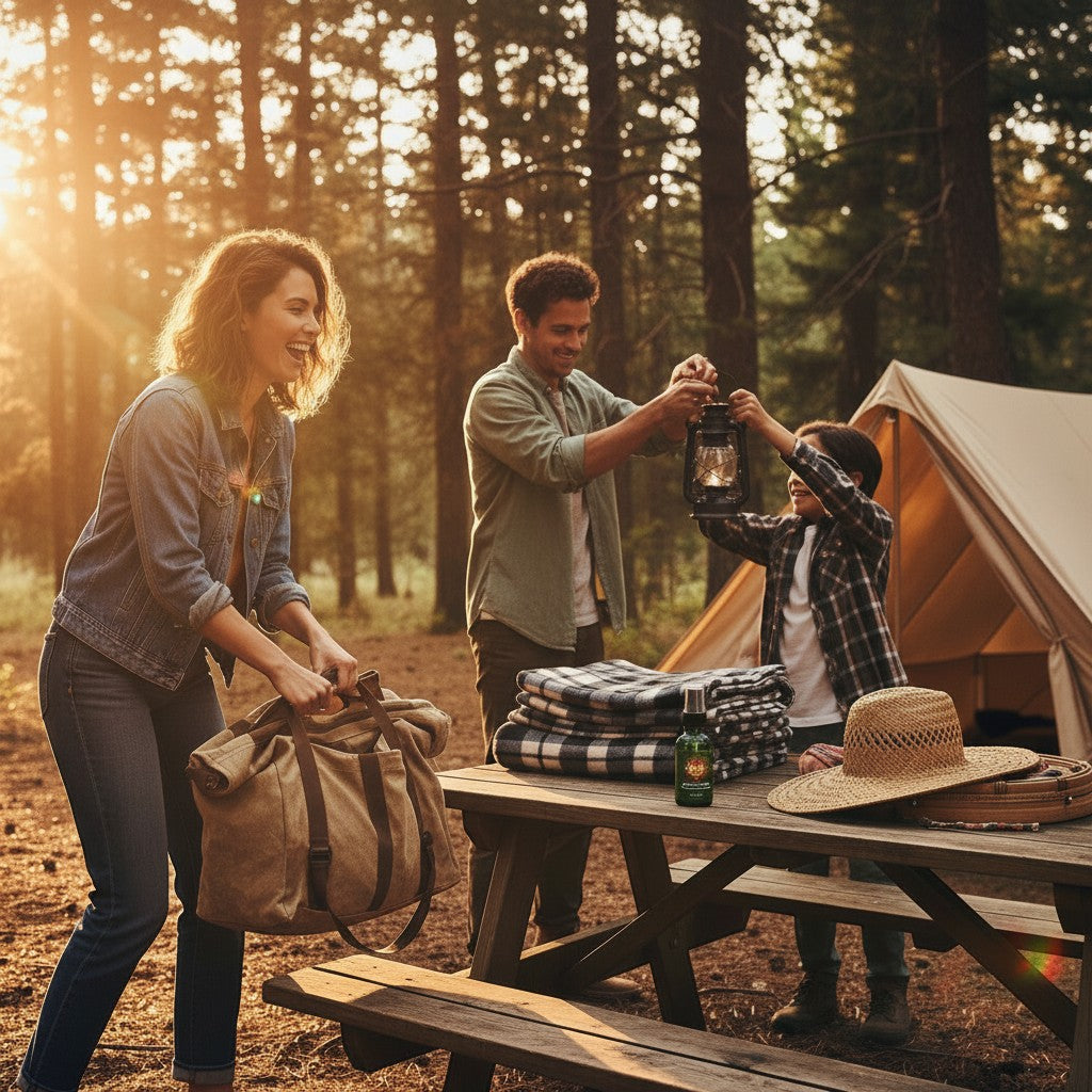 The Rich Oil bottle on a picnic table with a family camping. Natural skin soother for outdoor adventures.