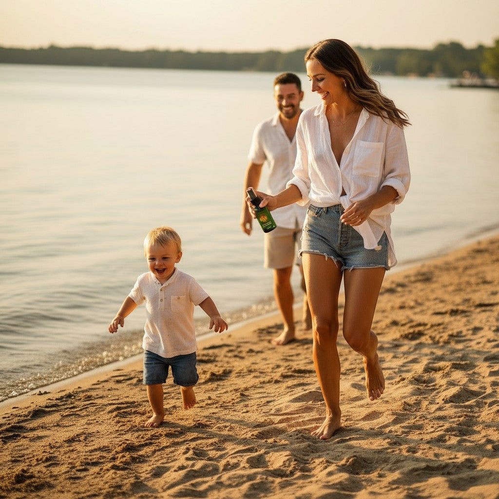 The Rich Oil spray bottle held by a woman on a beach with her family. Soothes skin.