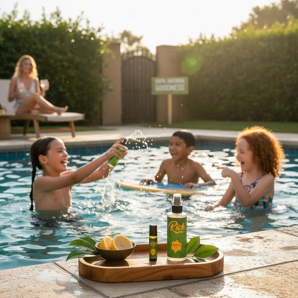 The Rich Oil Atomic Oil natural sun maximizer tanning oil bottles on a wooden tray with lemons by a pool with children playing.