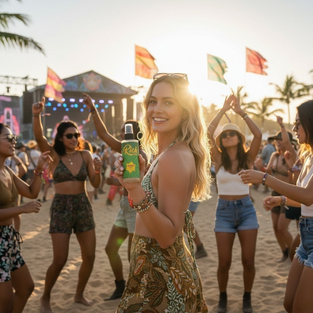 The Rich Oil Atomic Oil natural sun maximizer tanning oil bottle held by a smiling woman at a beach festival.