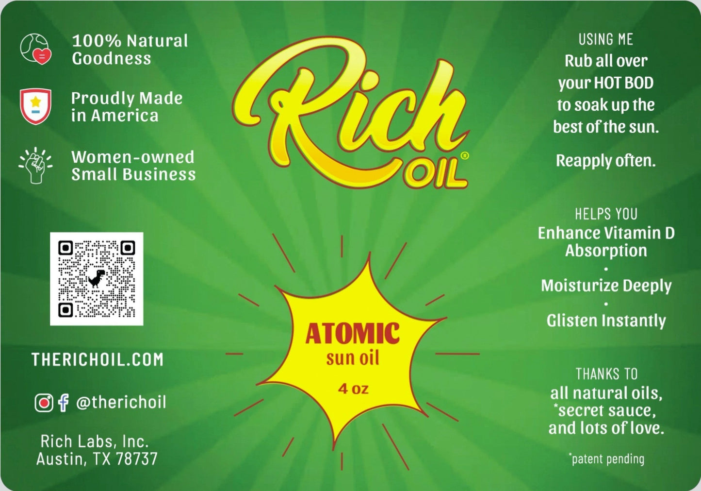The Rich Oil Atomic sun oil 4 oz bottle, a natural tanning oil that enhances Vitamin D absorption and moisturizes skin.