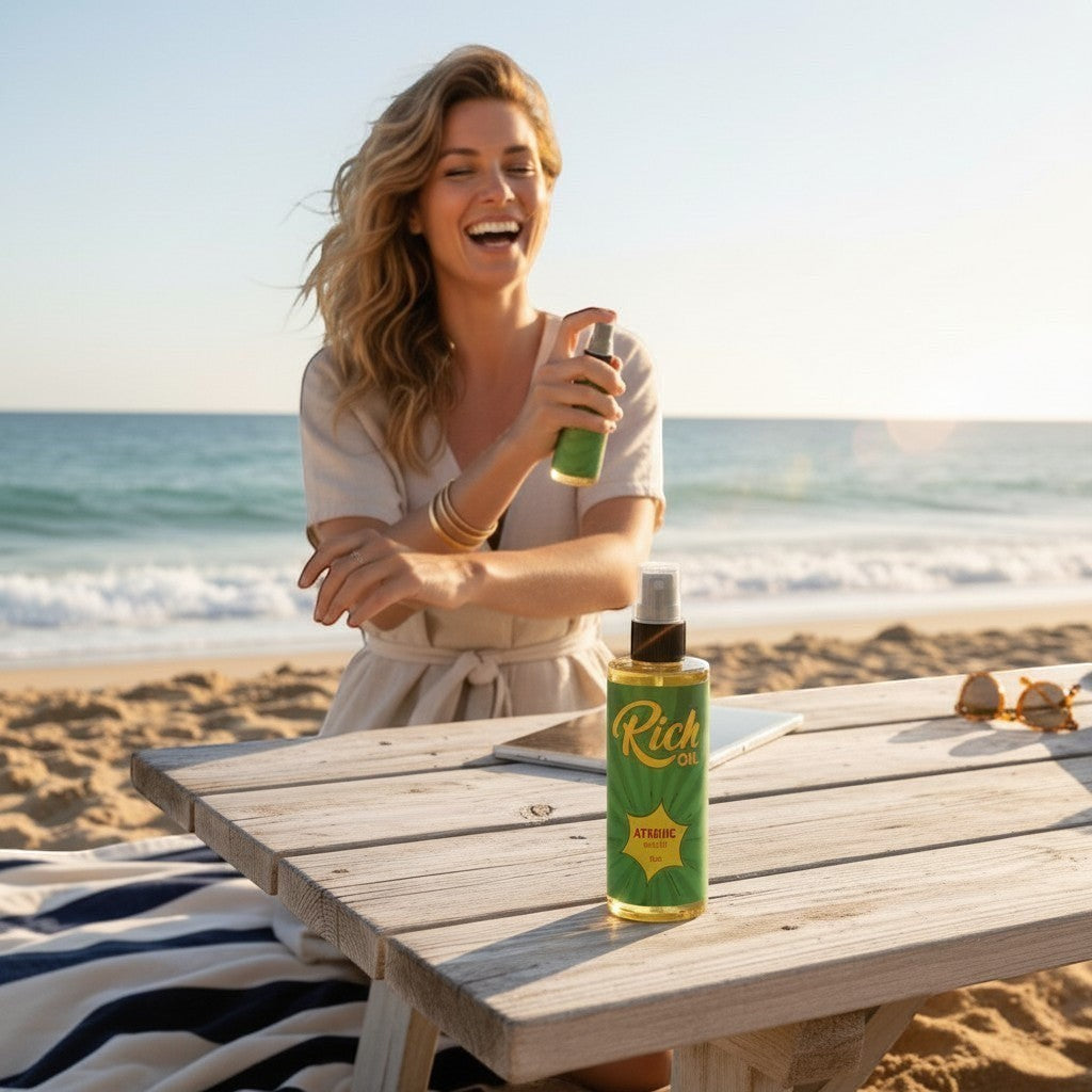 The Rich Oil Atomic Oil natural sun maximizer tanning oil bottle on a beach picnic table with a woman spraying herself.