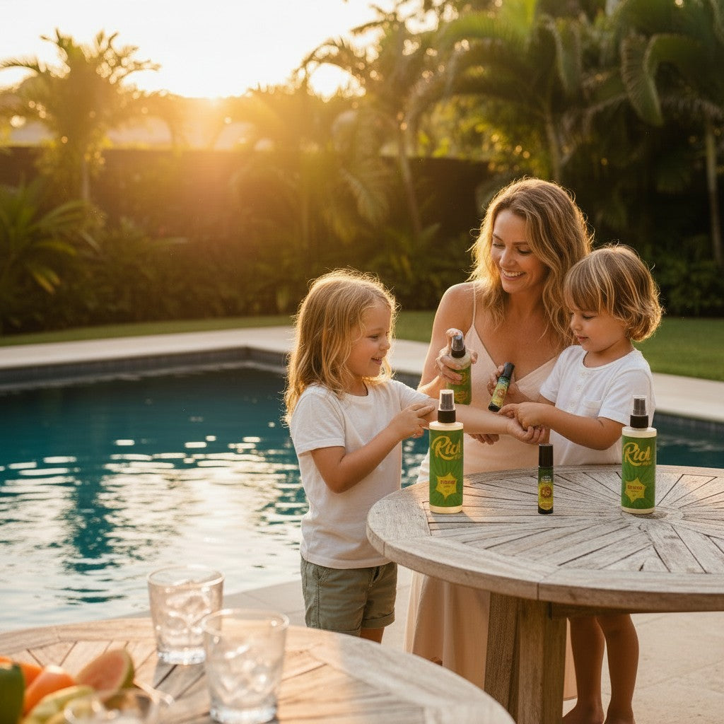 The Rich Oil Family set with mother and two children by a pool at sunset. Includes Rich Oil and Atomic Oil sprays.