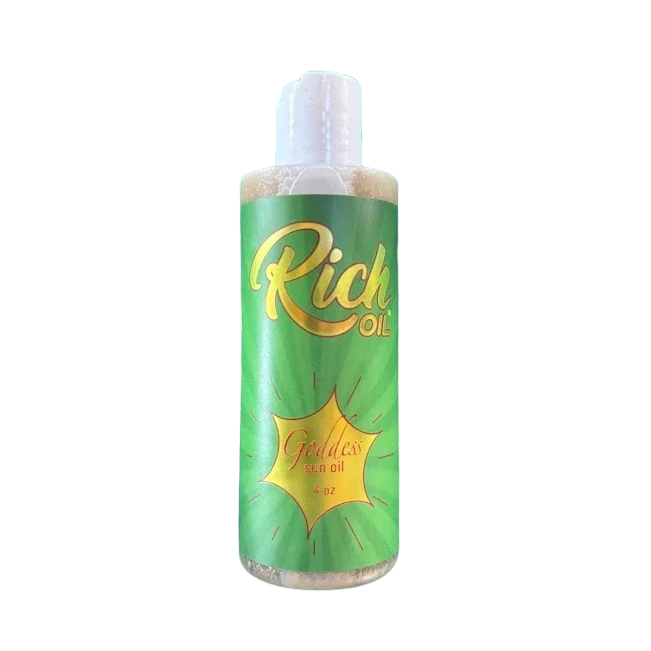 The Rich Oil Goddess sun oil, a natural tanning oil for a golden tan and Vitamin D synthesis. 6 oz bottle.