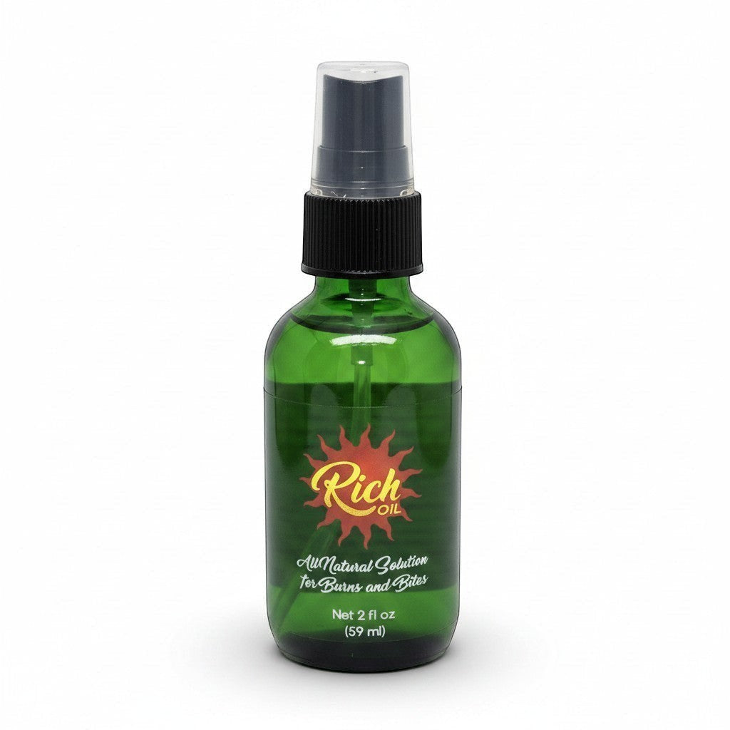 The Rich Oil natural skin soother in a green spray bottle, for burns and bites.