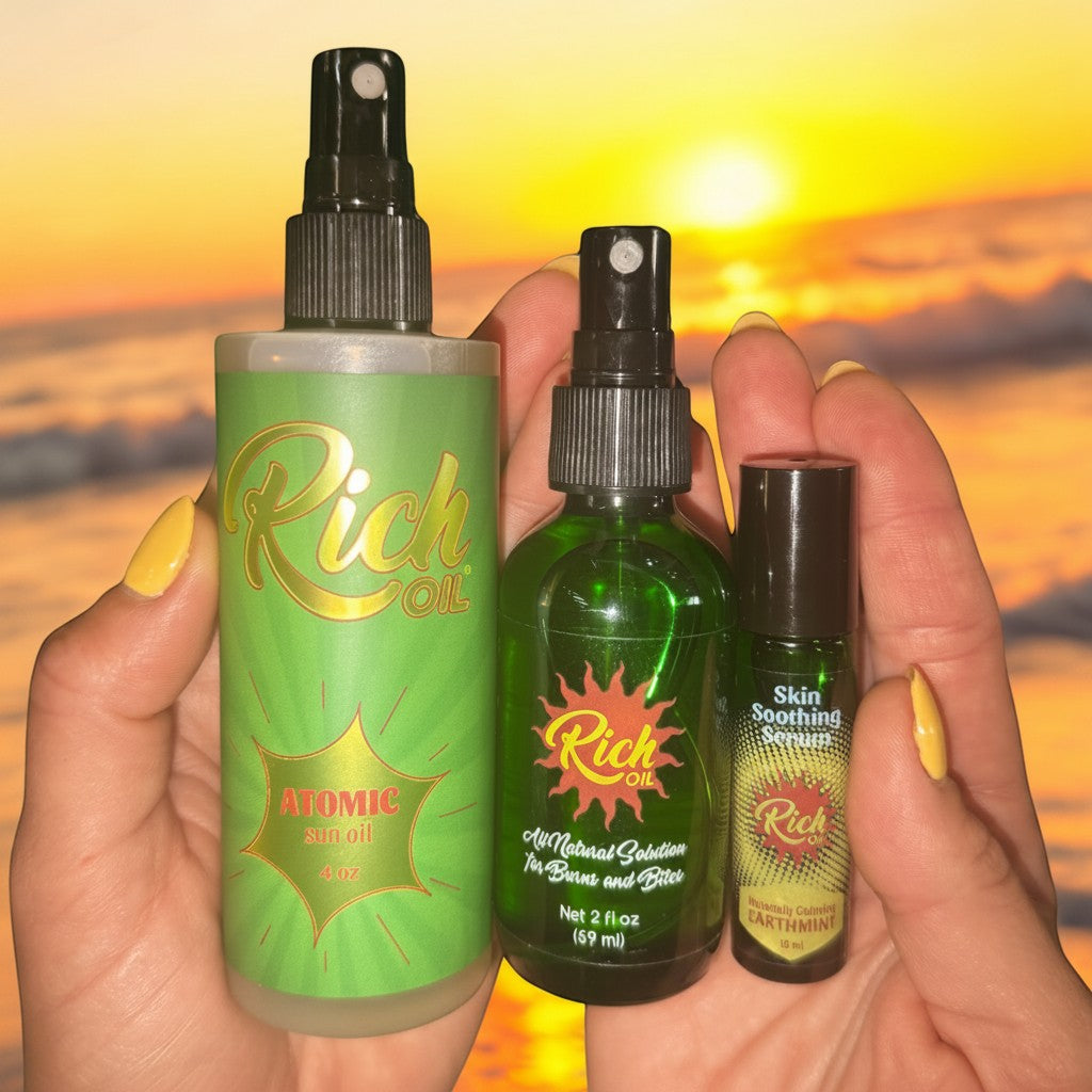 The Rich Oil Family set: 4 oz Atomic Sun Oil spray, 2 oz Rich Oil spray for burns and bites, and 10 ml Rich Oil roller for skin soothing.