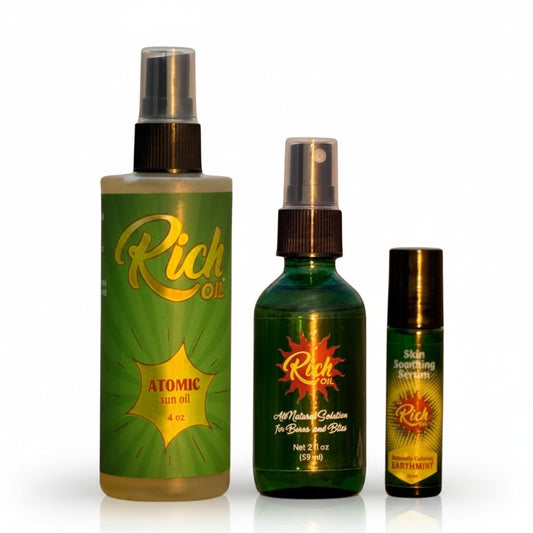The Rich Oil Family set includes 4 oz Atomic Oil spray, 2 oz Rich Oil spray for burns and bites, and 10 ml Rich Oil roller.