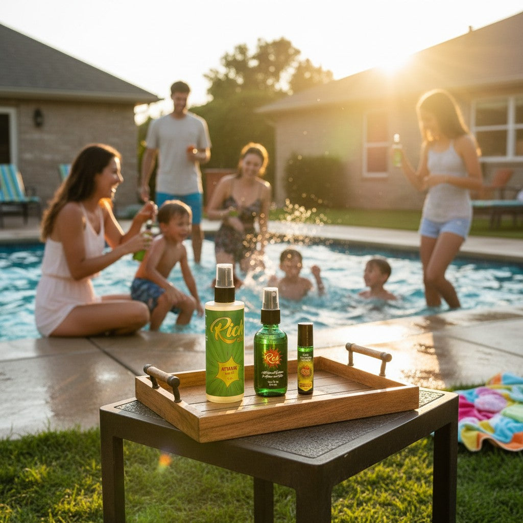 The Rich Oil Family set: 4 oz Atomic sun oil spray, 2 oz Rich Oil spray for bites, and 10 ml Rich Oil roller serum.