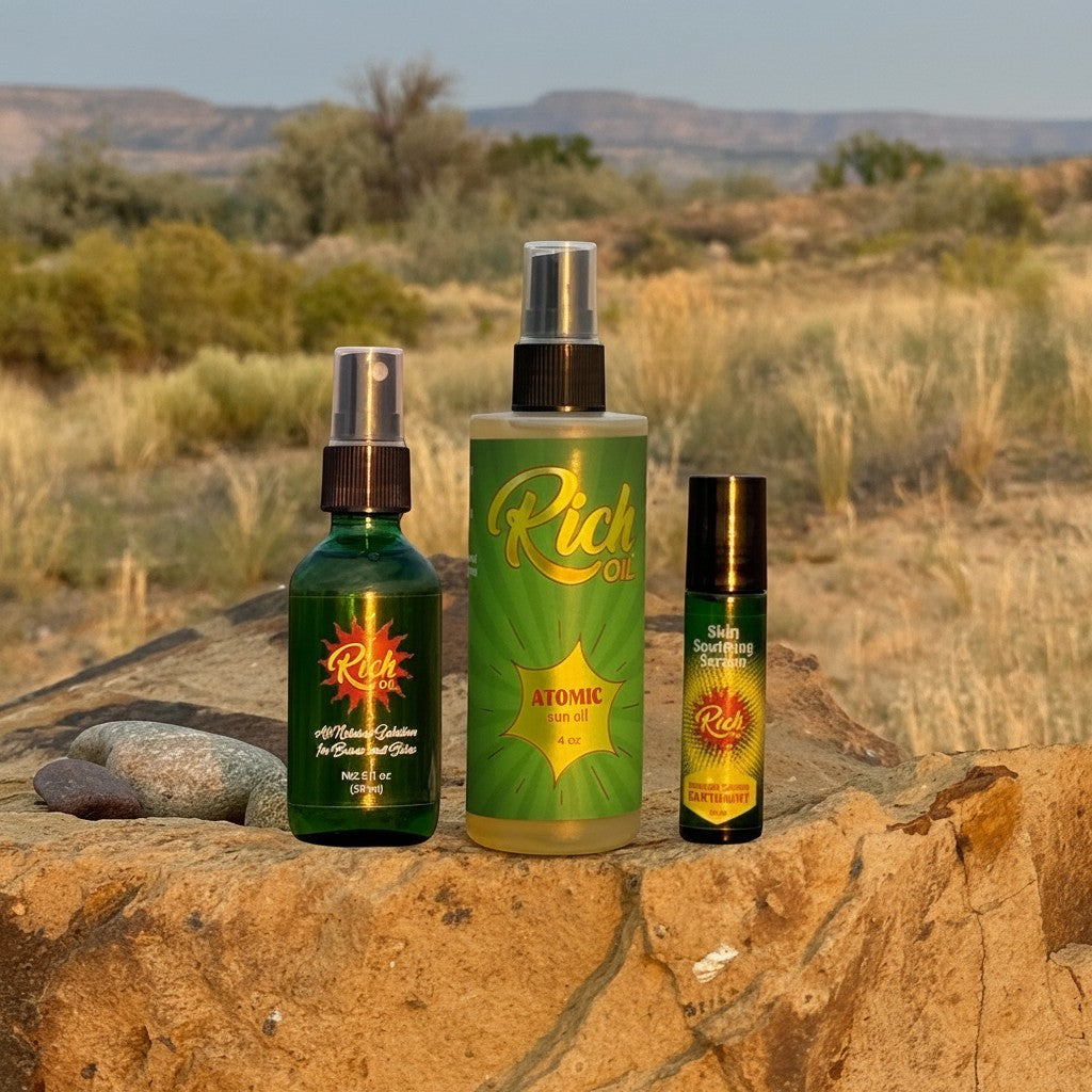 The Rich Oil Family set with 10ml roller and 2oz & 4oz sprays for skin relief and sun protection.
