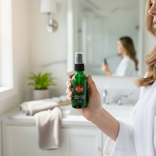 The Rich Oil green spray bottle held by a woman in a white robe, reflecting in a bathroom mirror.
